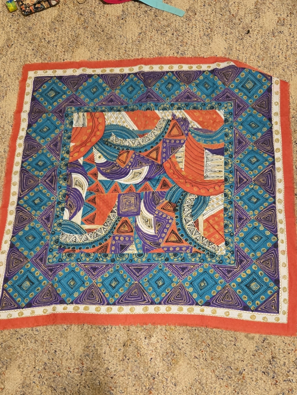 Geometric Printed Square Scarf in Orange, Blue & Purple